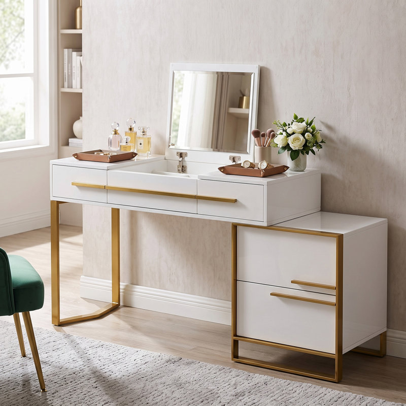 47.24" W Modern Vanity with Flip-Top Mirror, White/Gold