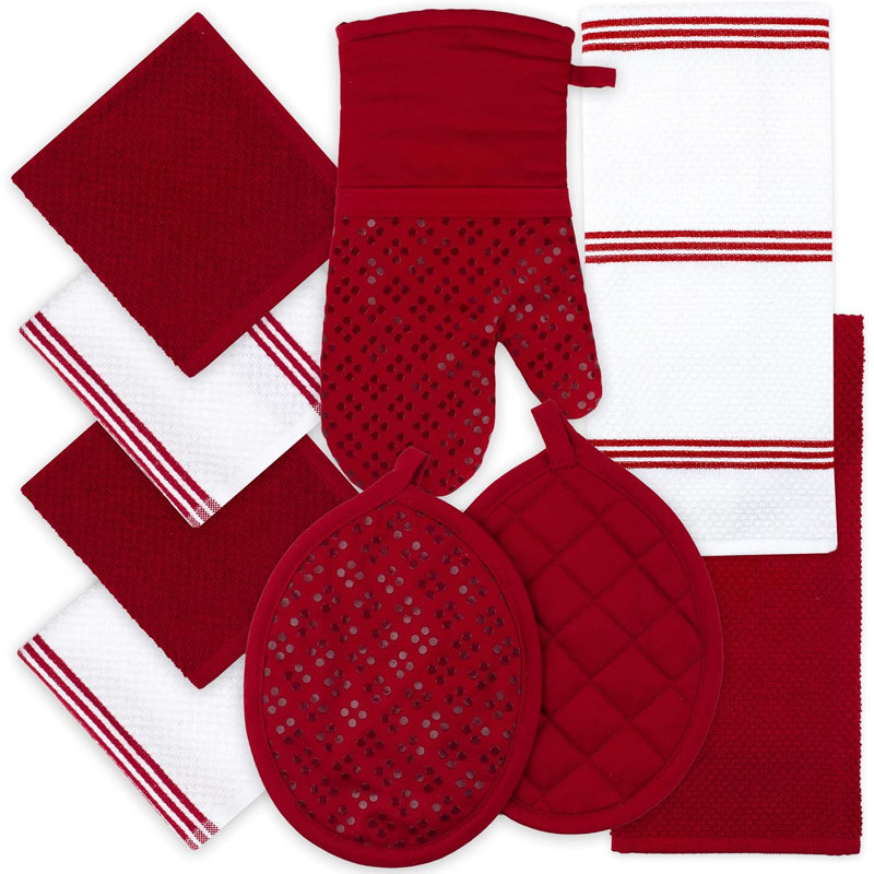 Ensemble de cuisine rouge - serviettes en coton 9 pièces et gants résistants à la chaleur