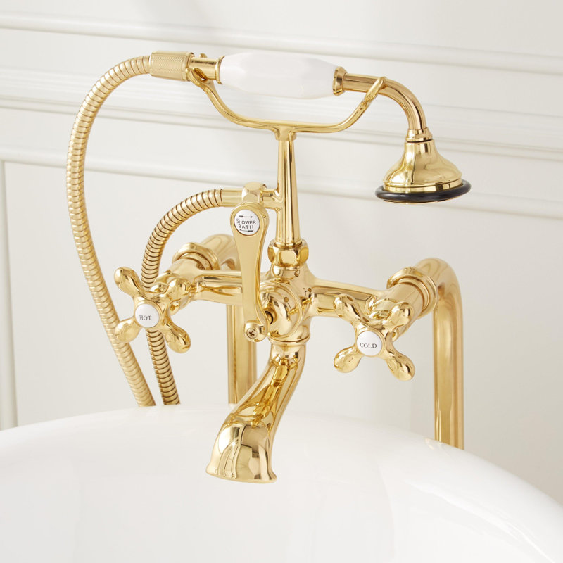 Telephone Style Floor Mounted Tub Faucet with Cross Handles, Polished Brass