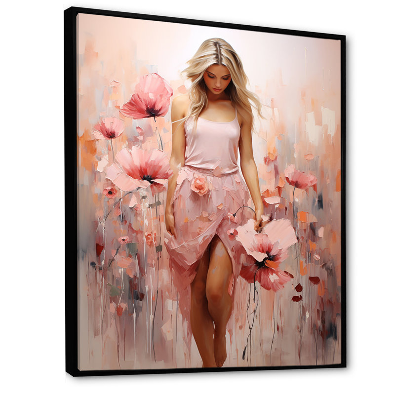 Femme rose en ballet floral - art mural Ballet, Cadre flottant noir, H 32 po x l 16 po x P 1 po