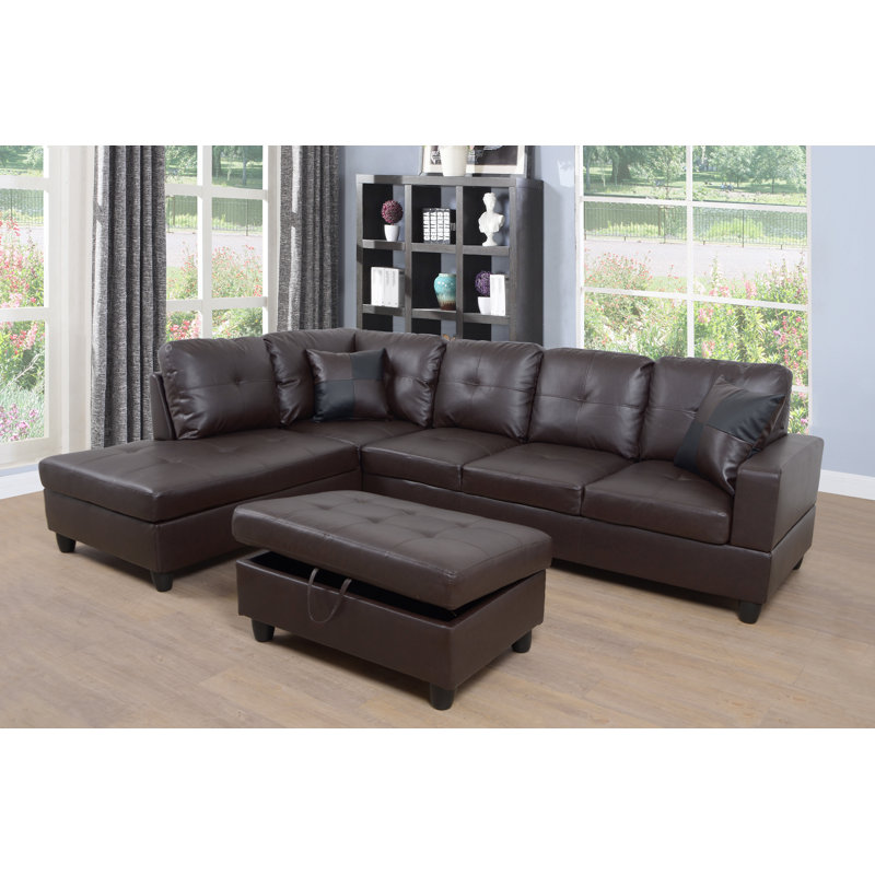 Ensemble de canapé modulaire en L en similicuir 3 pièces avec repose-pieds brun, Noir, Similicuir brun