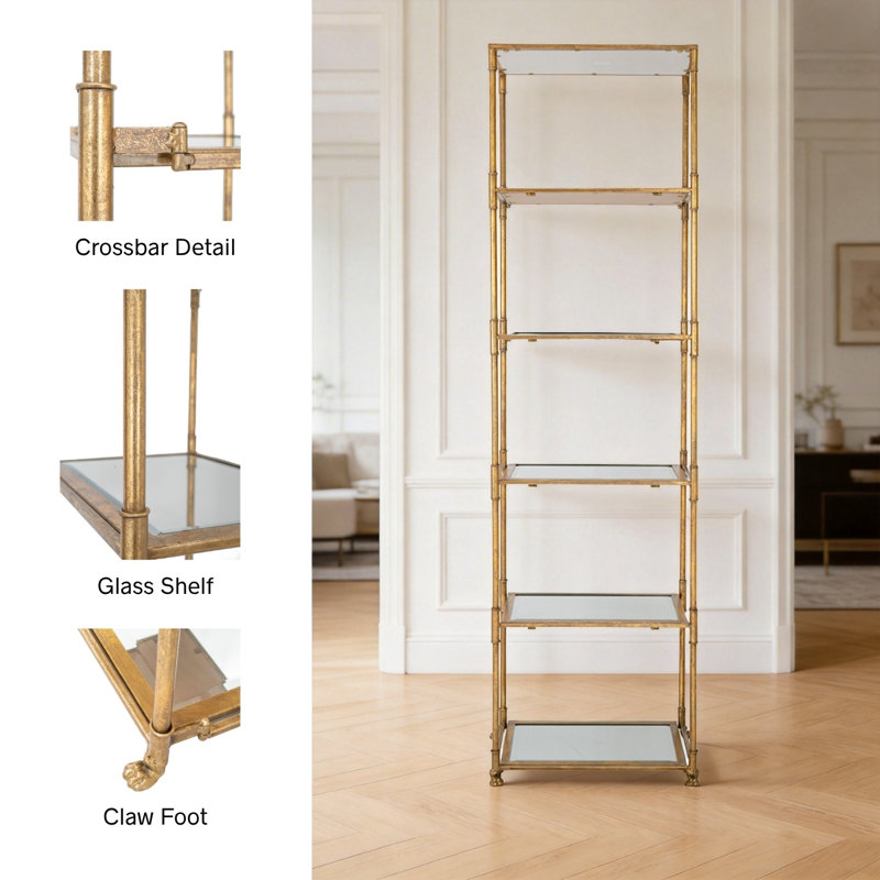 Antiqued Gold Six-Tiered Mirrored Shelving Unit with Distressed Metal Finish for Living Room Display
