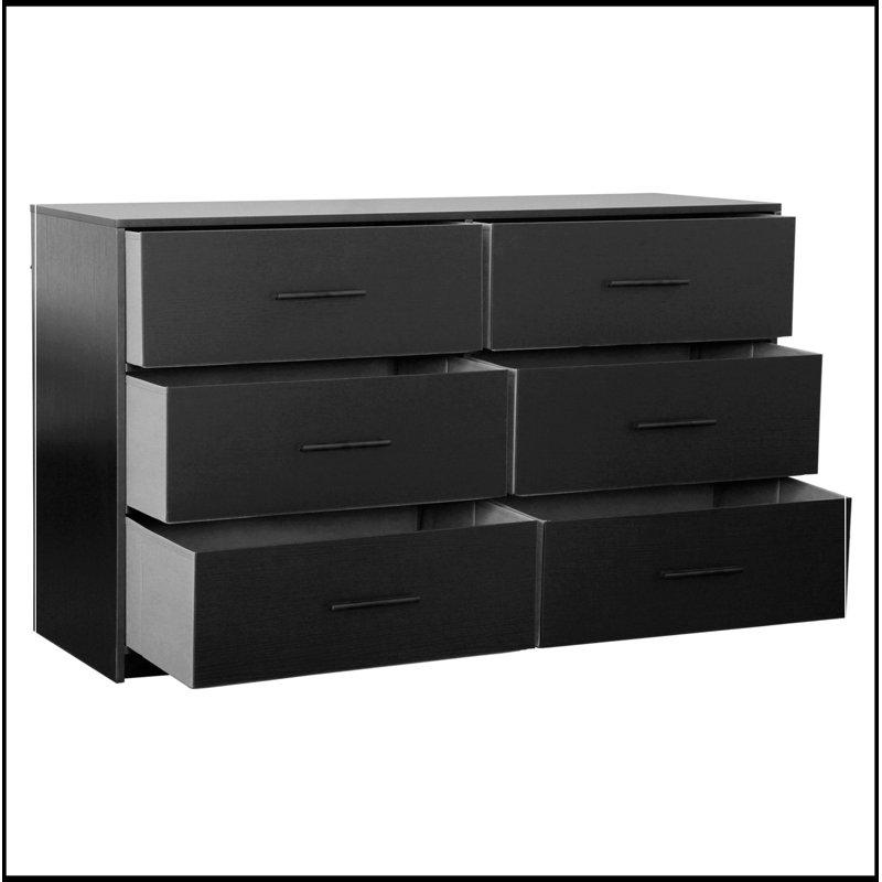 Commode d'appoint en bois avec 6 tiroirs et poignées en métal, Noir