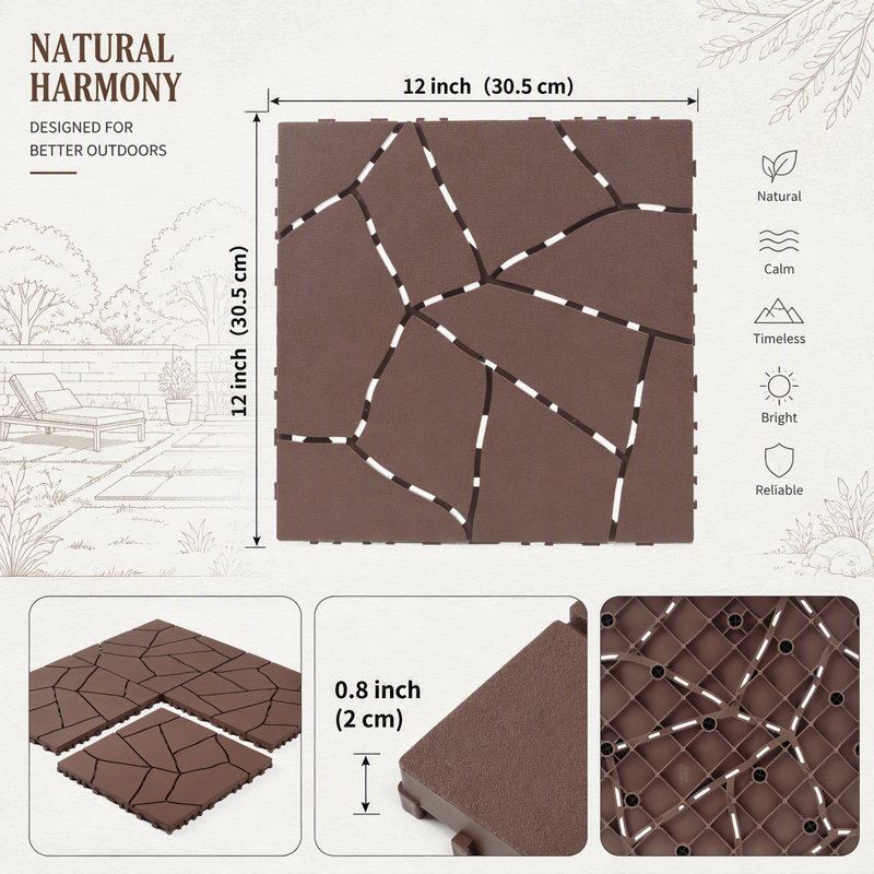 Stone Style 12 Inch Interlocking Patio Deck Tiles for Easy DIY Installation, Perfect for Indoor and Outdoor Use, Brown