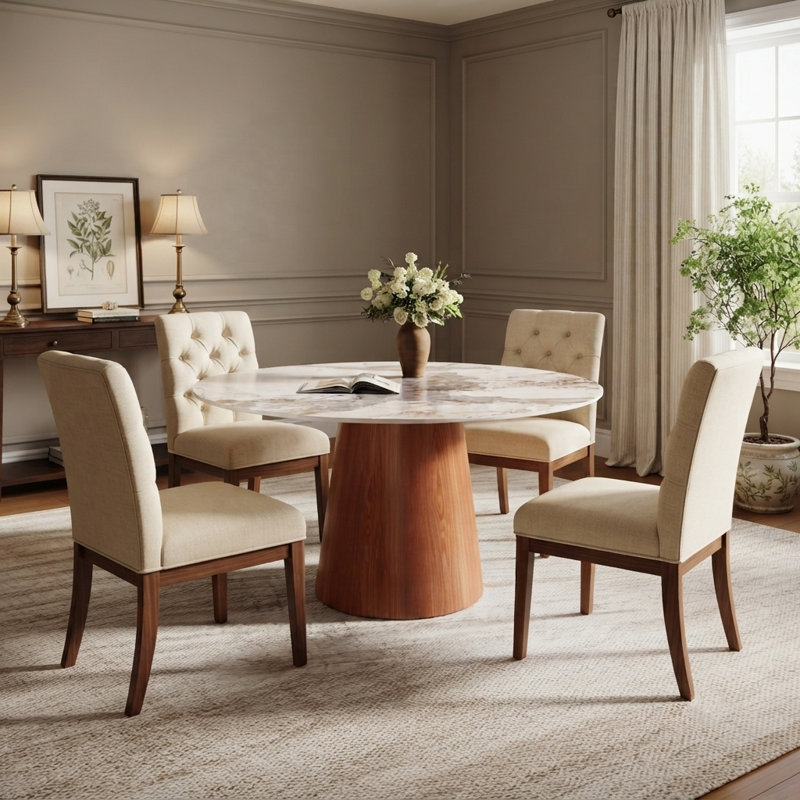 Table de salle à manger ronde Designer 47 po / 53 po / 59 po avec piédestal en bois massif authentique et 4 dessus en pierre frittée de luxe pour les salles à manger modernes