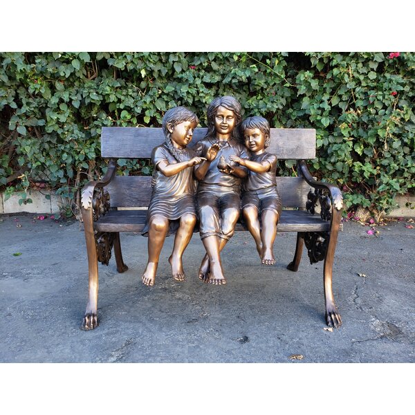Three Kids On A Bench Holding A Bird Statue NIFAO