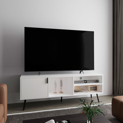 Meuble télé moderne avec 1 porte et 3 tablettes, combinant un rangement dissimulé et ouvert pour une organisation optimale et un attrait esthétique.