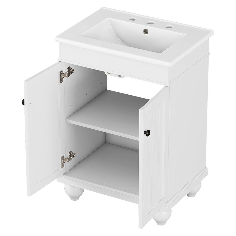 24" White Solid Wood Bathroom Vanity with Ceramic Sink