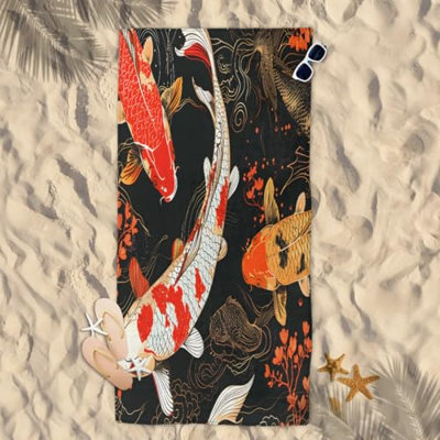 Grande serviette de plage colorée de style chinois Koi, grande serviette de bain légère en microfibre à séchage rapide, couverture de plage sans sable pour les croisières d'été, le camping, les voyages, les articles de voyage essentiels, 32 po x 63 po, et un sac en toile de style chinois gratuit est inclus