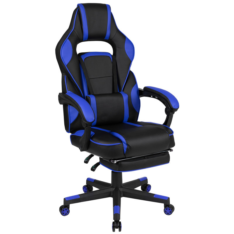 Massaging Adjustable Ergonomic Swivel Computer Gaming Chair with Fully Reclining Back and and Slide-Out Footrest, Blue/Black