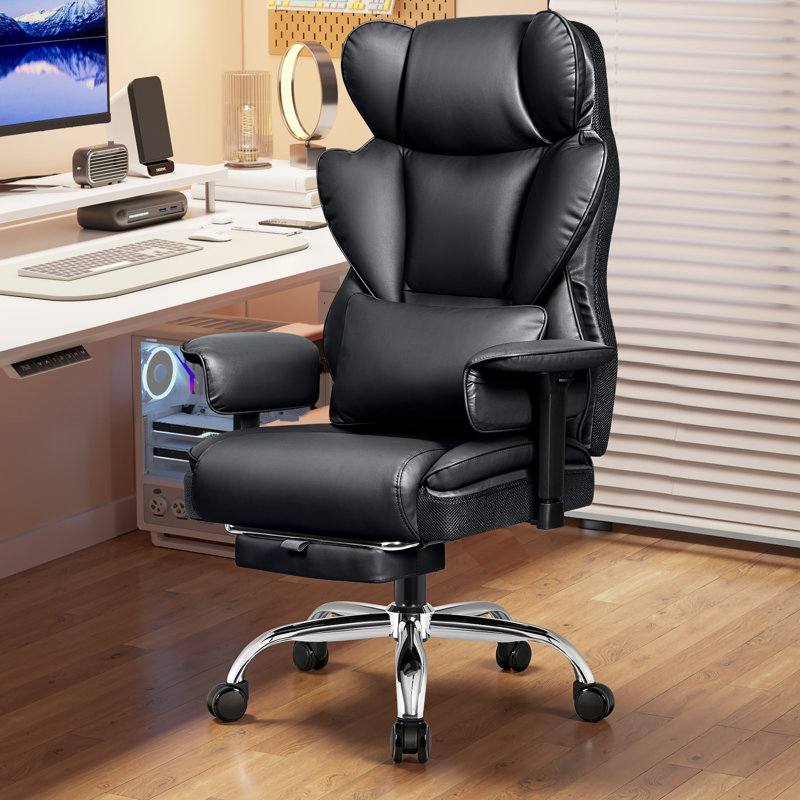 Fauteuil de bureau ergonomique réglable en cuir de luxe avec repose-pieds, Noir