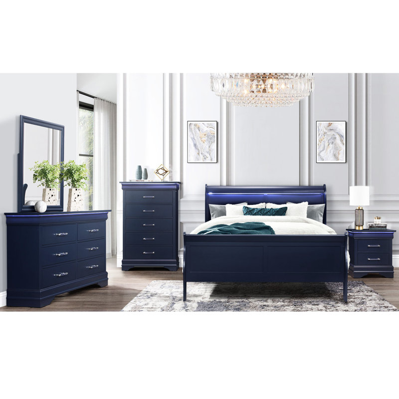 Lit double en bleu avec tête de lit à DEL, apparence, tête de panneau, en bois massif