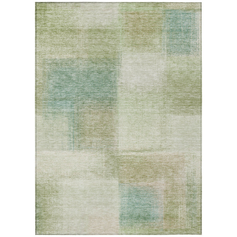 3' X 5' Artichoke Green And Beige Abstract Washable Indoor Outdoor Area Rug