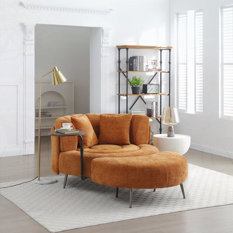 Fauteuil demi-tonneau surdimensionné avec repose-pieds, Chenille orange