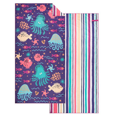 Reversible Microfiber Brettlee for Kids & Adults, 28 x 58 inches, Quick Dry, Sand Free, Sea Friends Octopus & Stripe Print