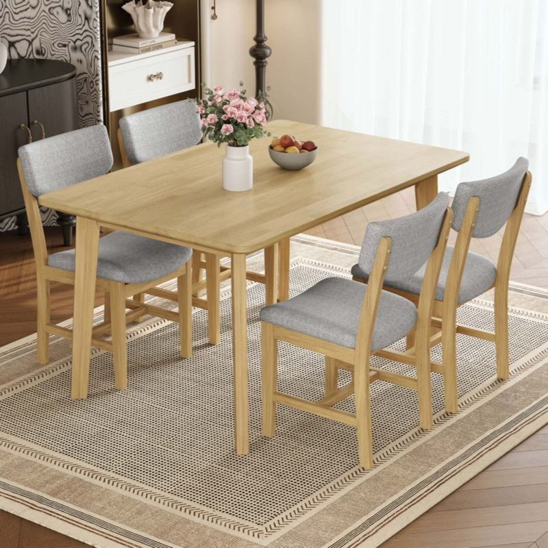 Ensemble de salle à manger rustique 5 pièces - 1 table en bois massif + 4 chaises rembourrées, mobilier de style campagnard pour la cuisine et la salle à manger, ensemble de salle à manger minimaliste pour 4