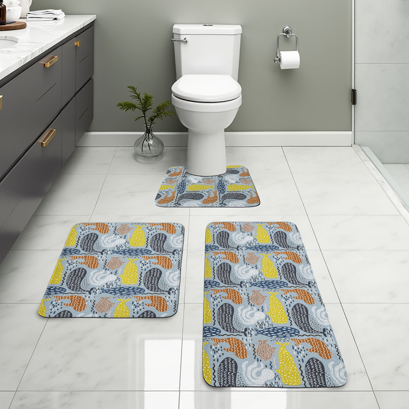  Fish Bathroom Rug Set 3 Pieces U-Shape & Rectangle Mats Multicolor