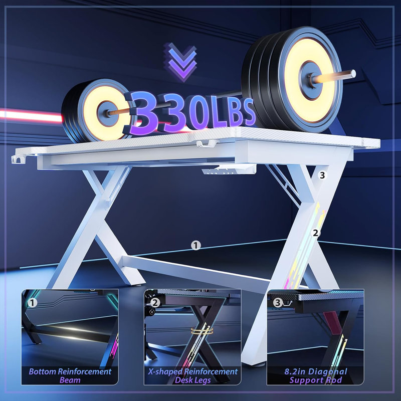 Table d'ordinateur Gaming, H 30 po x l 63 po x P 30 po, Blanc