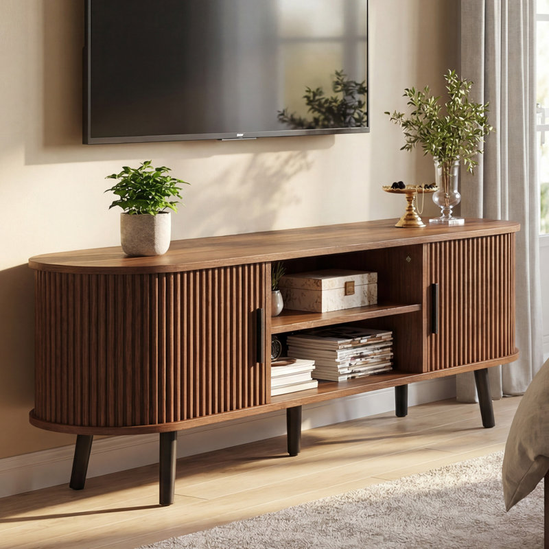 Meuble télé Mid-Century moderne pour téléviseurs de 75 po ou moins, Walnut