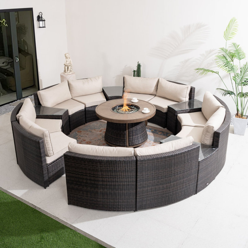 Arrika 10-Person Wicker Round Sectional Seating Group With Cushions, 15 Pcs: Firepit Table, 10 Chairs, 4 End Tables