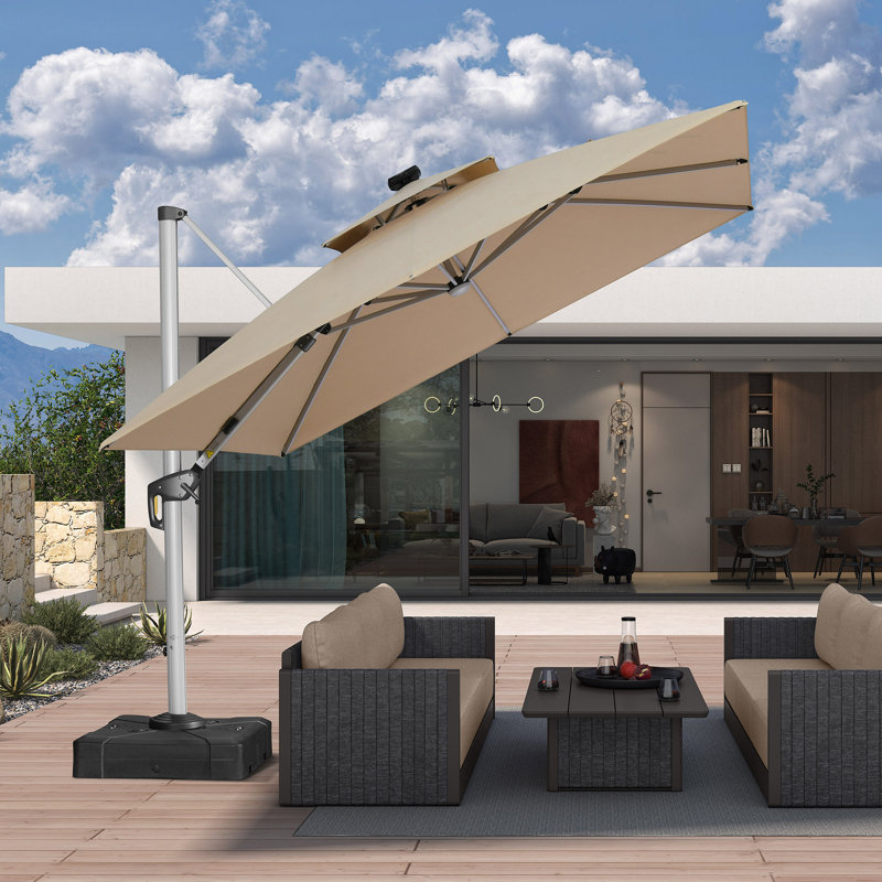 Parasol carré extérieur robuste à double dessus décalé 10 pi avec lumières, tissu de qualité supérieure, avec base, beige