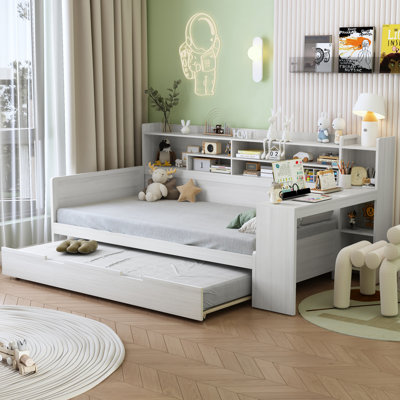 Wooden Daybed With Storage Shelves, Multi-Functional Bed With Trundle Bed And  Study Desk, by Grovelane