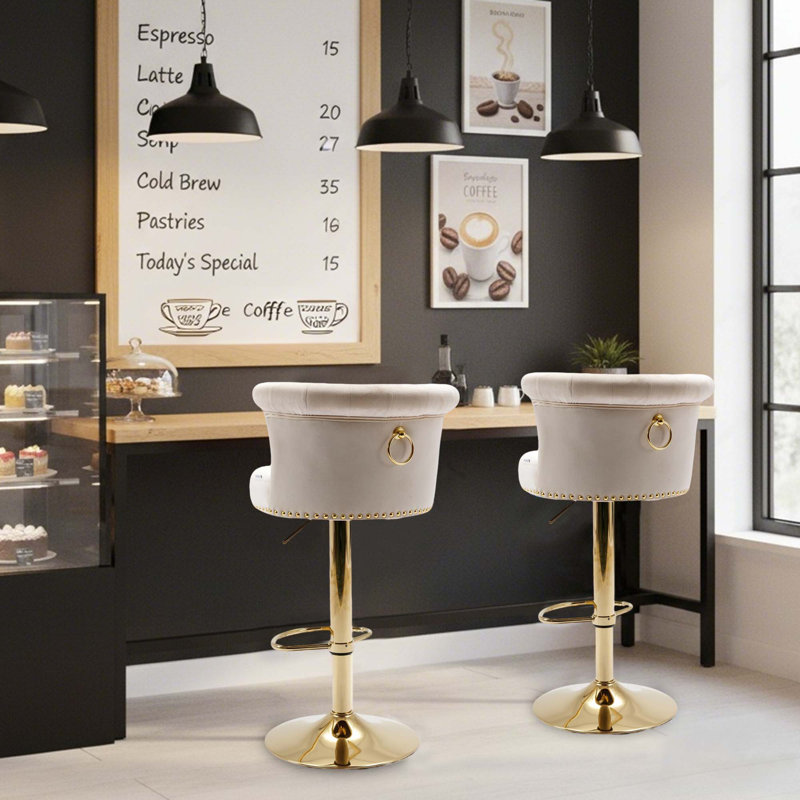 Modern Glam Set of 2 Tufted Velvet 360° Swivel Adjustable-Height Bar Stools with Gold Nailhead Trim for Kitchen Island and Home Bar