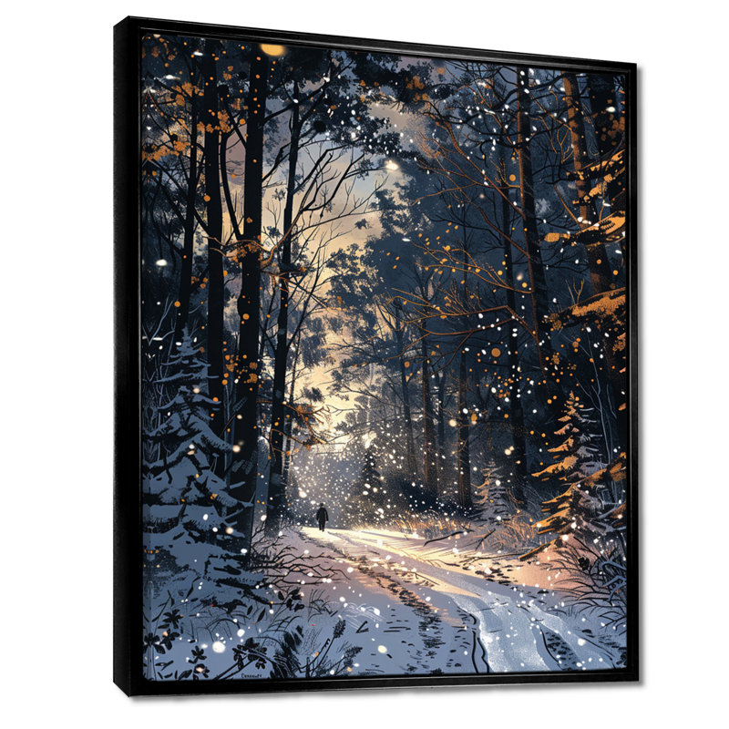 Chemin enneigé à travers la forêt d'hiver - forêt, art mural, H 20 po x l 12 po x P 1 po, Toile avec cadre flottant noir