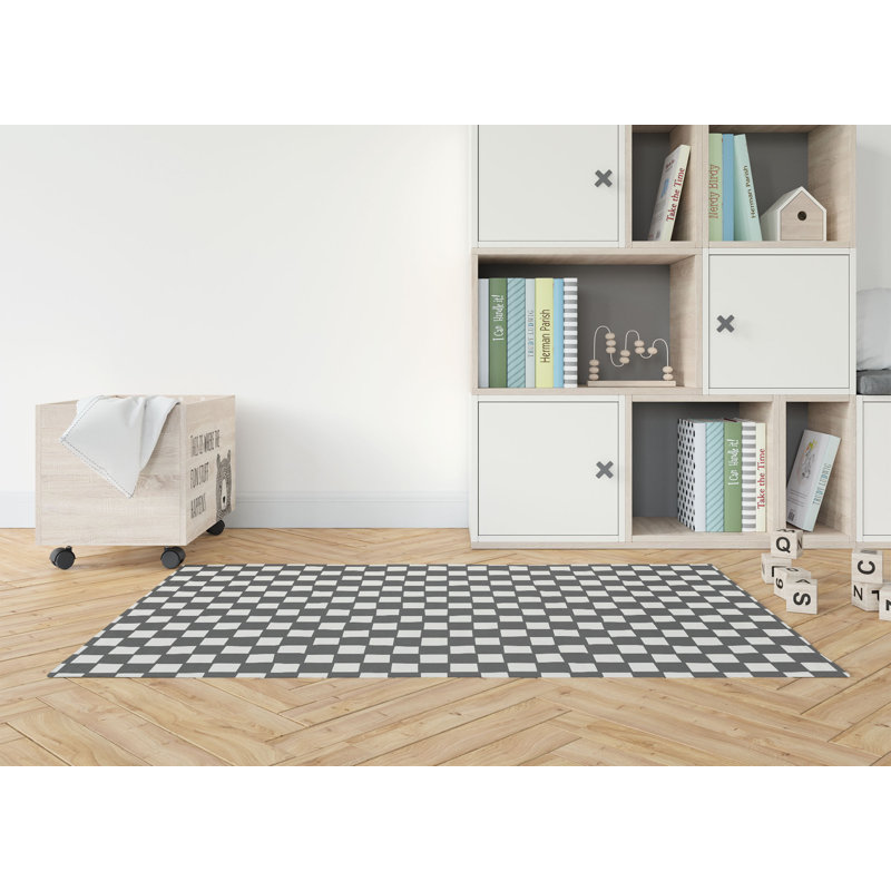 Checkered Kids Play Mat, Rectangle 4' x 6', Ivory/Charcoal