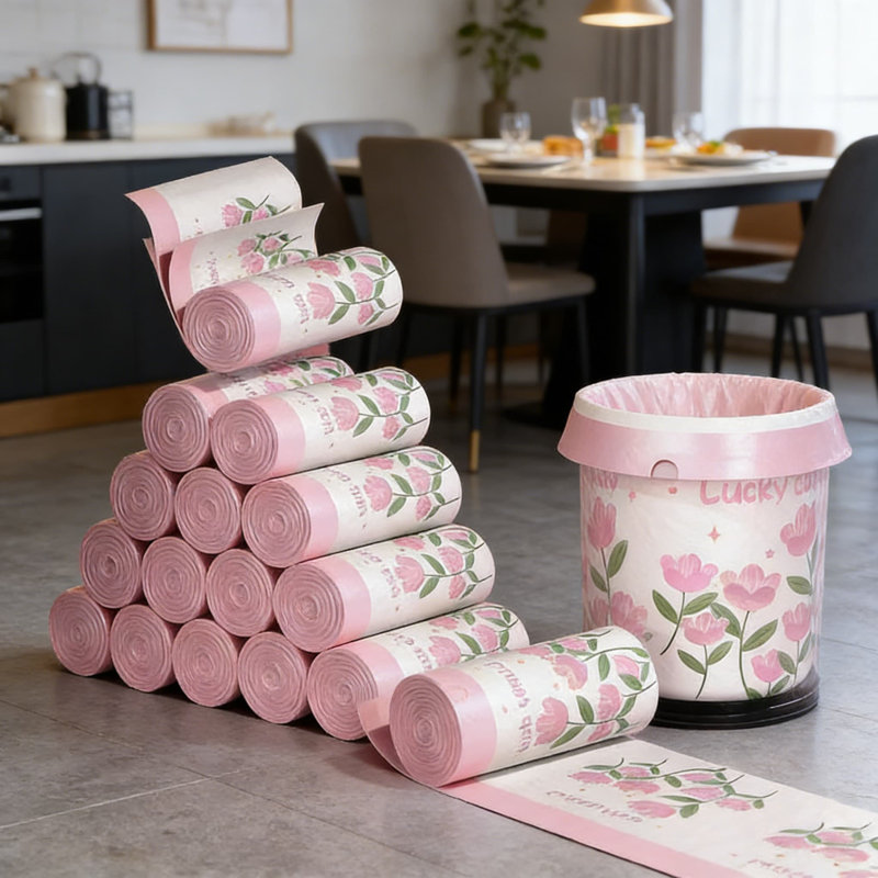 Petits sacs à ordures floraux parfumés à cordon 100 gallons 4 sacs anti-fuites pour salle de bain, bureau, chambre à coucher, cuisine et voiture