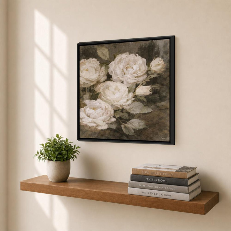 Pivoines vintage par Sundance Graphics - Graphisme sur toile, H 30 po x l 30 po, Cadre flottant biseauté, Noir