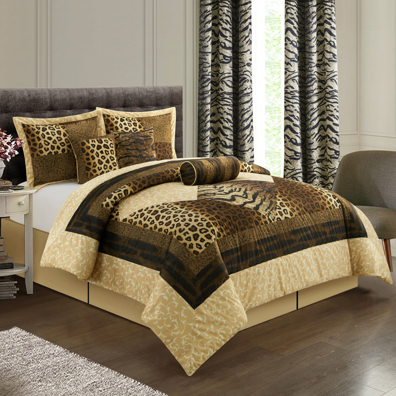 Ensemble d'édredon à imprimé léopard Tucson, Édredon pour grand lit + 9 pièces supplémentair, Beige / brun / noir