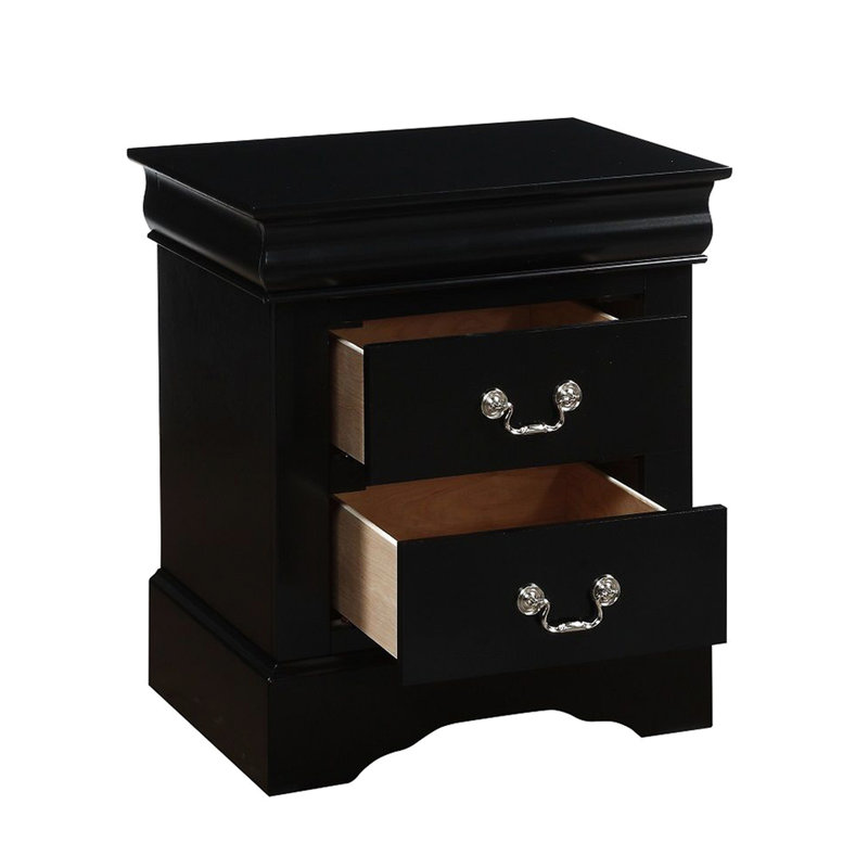 Chambre à coucher avec table de chevet 2 tiroirs noire avec glissière centrale en métal et poignée en nickel noir