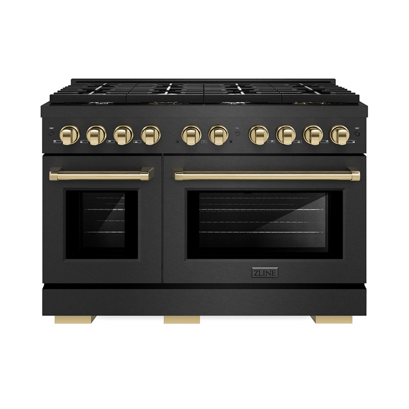 ZLINE 48 in. Paramount Double Oven Gas Range with 8 Burner Cooktop in Black Satin Stainless Steel, Polished Gold