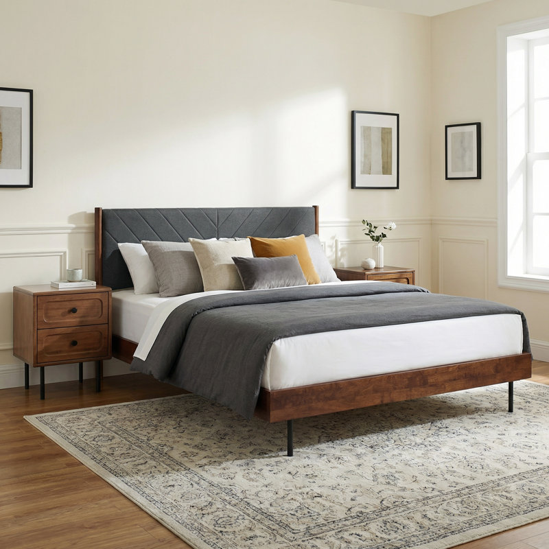 Felisha Solid Wood King Size Bed Frame with Fabric Headboard, Contemporary Modern Upholstered Platform Bed, Walnut Finish