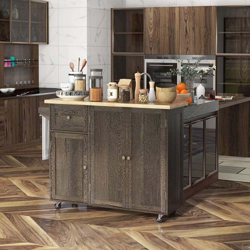 Triple-Cabinet Rolling Kitchen Island On Wheels, Kitchen Cart With Storage Shelf Adjustment, Rolling Utility Cart With Wood Top, Towel Rack, Big Drawer