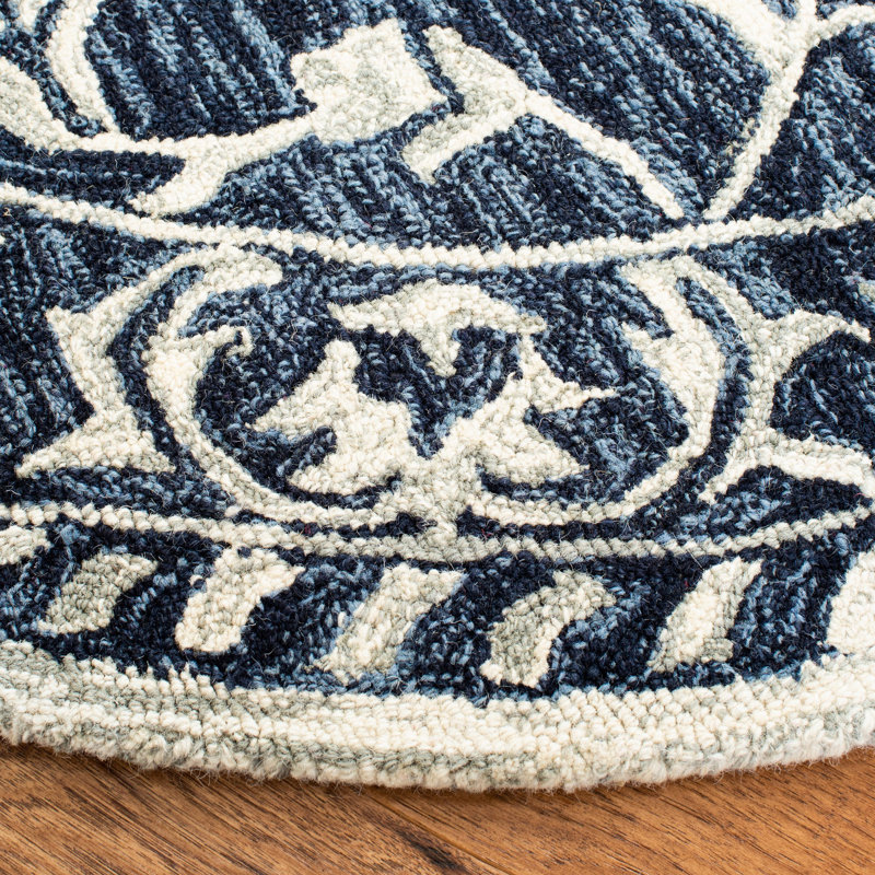 Umar Hand Tufted Wool/Cotton Ikat Rug in Navy/Taupe, Round 5'