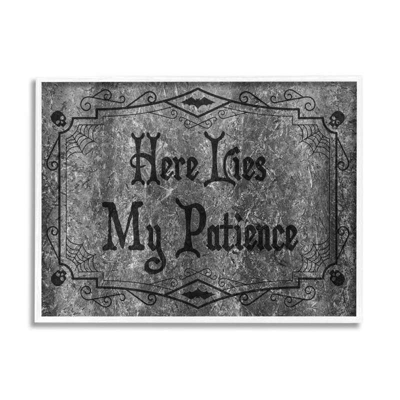 «Here Lies My Patience Tombstone» par Lil 'Rue - Art textuel sur toile, H 11 po x l 14 po x P 1,5 po