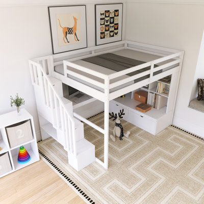 Lit mezzanine pleine grandeur avec escalier de rangement