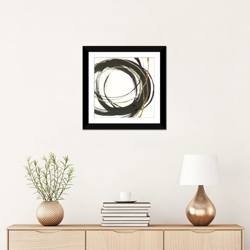 «Gilded Enso II», reproduction d'impression sur toile, H 16 po x l 16 po x P 1 po, Papier d'art encadré noir, Blanc