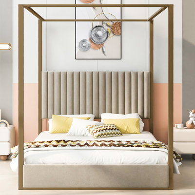 Graceful Queen Canopy Bed With Headboard & Metal Structure In Beige Elegant Tone