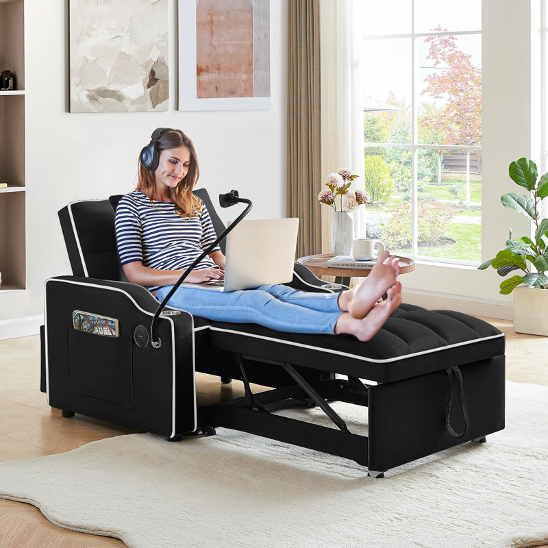 Fauteuil d'appoint convertible 3 en 1, canapé-lit tapissier, Noir