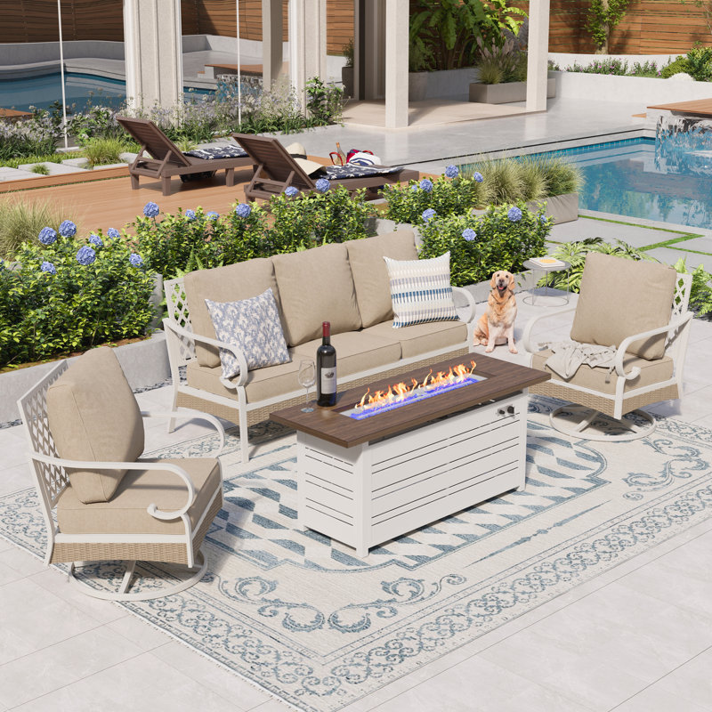 5 Person Outdoor Conversation Set With Swivel Lounge Chairs & Fire Pit Table, Black/Beige/Black