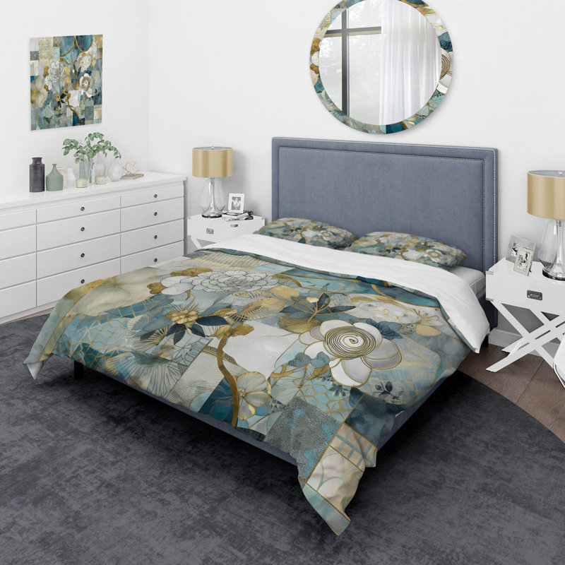 Golden Blue Marble Floral Design II - Ensemble de housse de couette floral - Microfibre de polyester