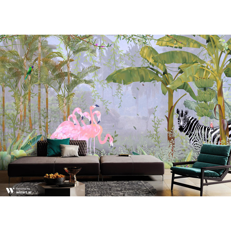 Papier peint exotique jungle tropicale, flamants roses et zèbre, Jaune, L 110,04 po x l 204 po