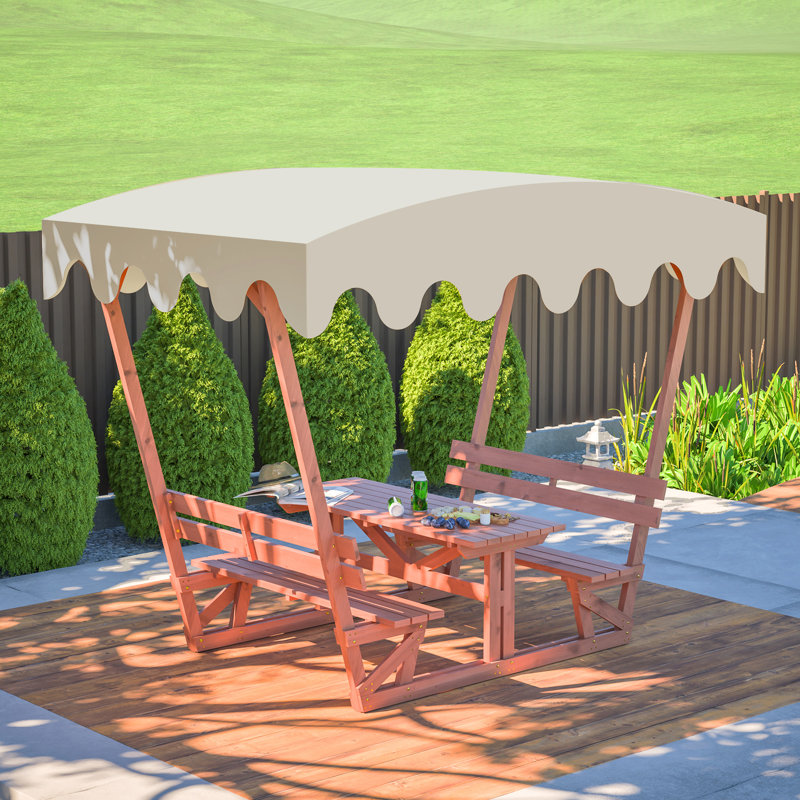 Ensemble de table de pique-nique et de banc d'extérieur en bois massif imperméable avec auvent amovible - Convient aux patios, aux jardins, aux terrasses, aux parcs et aux plages