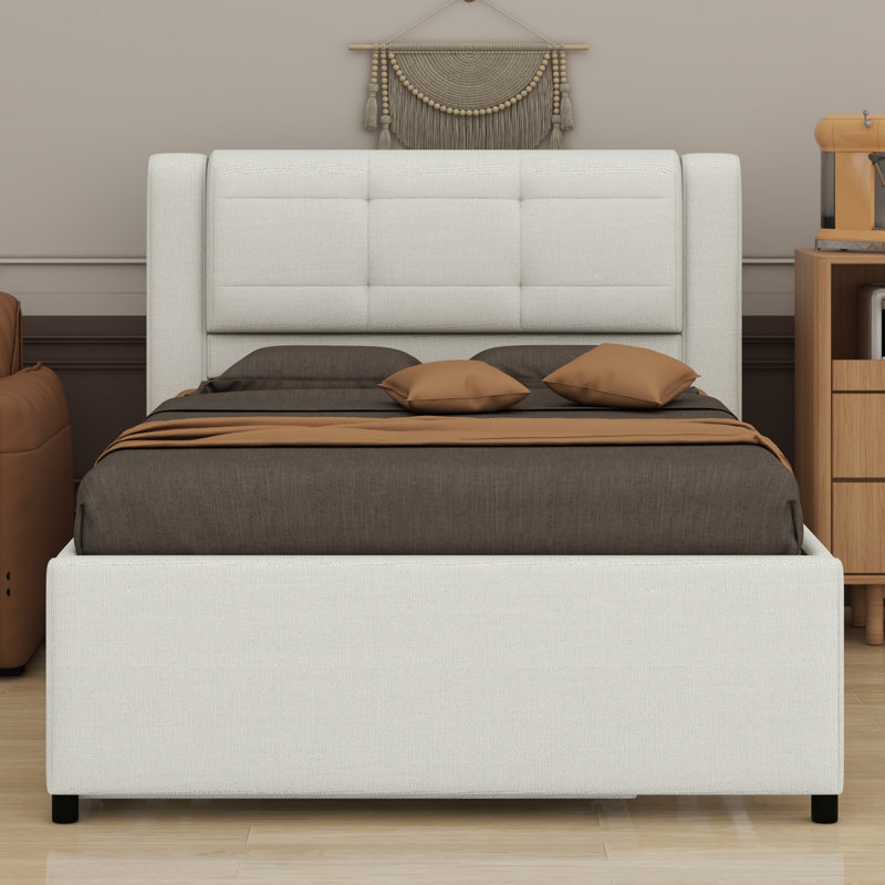 Lit plateforme tapissier avec lit gigogne, lit gigogne pouvant être plat ou érigé, Beige