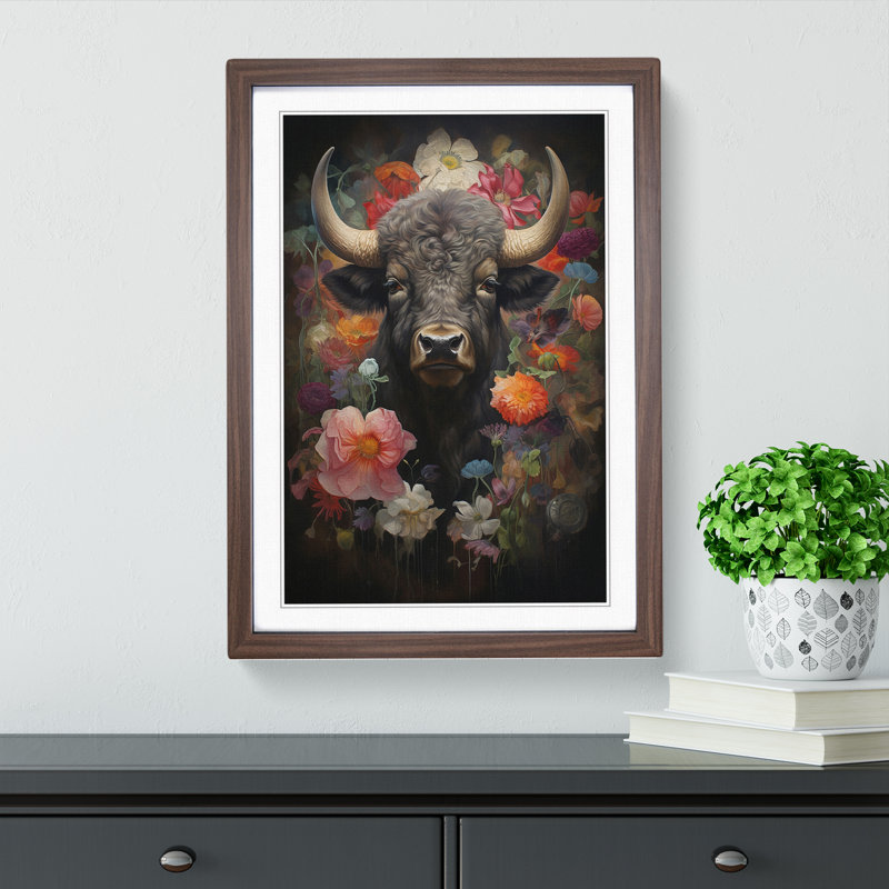 Buffalo Tachisme - Single Picture Frame Print on Wood, 34cm H x 25cm W x 2cm D, Walnut 