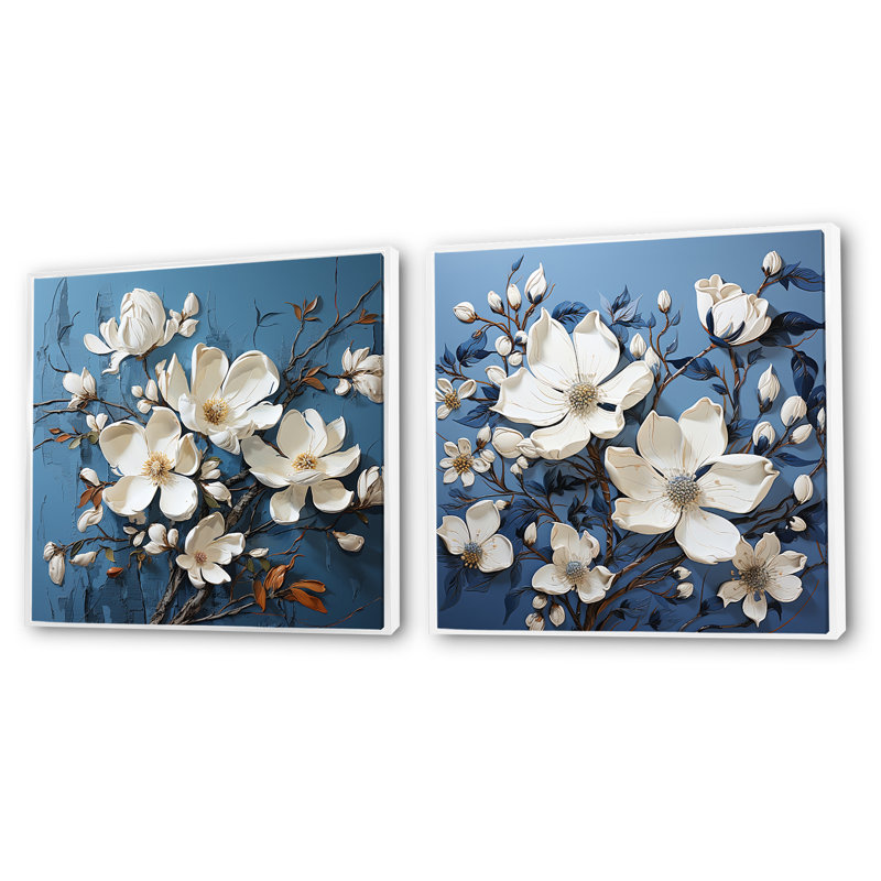 Magnolia bleu et blanc Blooming Elegant - Magnolias carré, ensemble de 2 collages, Cadre flottant blanc, H 36 po x l 73 po