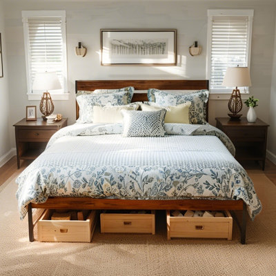 Rustic Brown Iron Platform Bed Frame with Exquisite Wood Headboard & Footboard,Queen Size